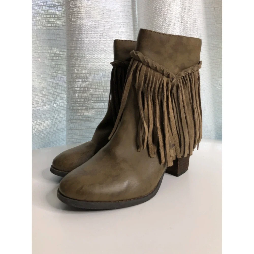 SBICCA Boots Women's Size 7.5 Brown Faux Leather Fringe Western Hippie‎